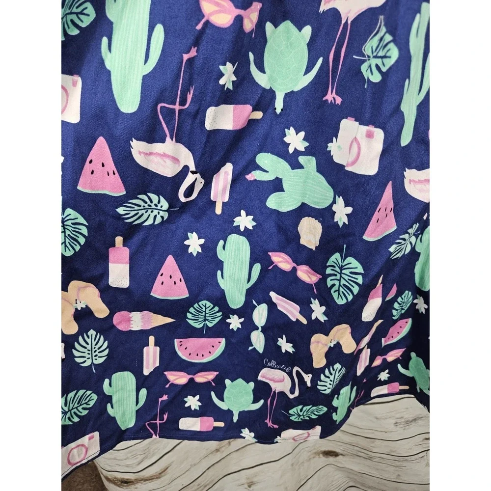 Collectif Summer Cactus Print Fit & Flare Dress XL Sleeveless Retro Stretch Navy